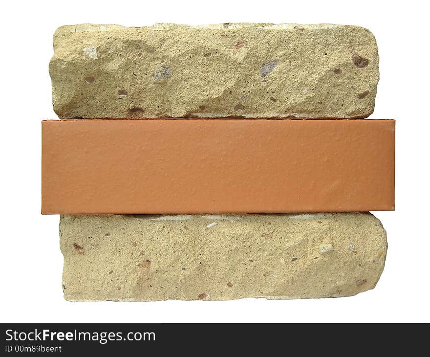 Two yellow and one red brick, isolated on a white background