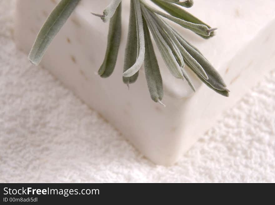 Aroma bath items. soap, fresh herbs (lavender) and towel. Aroma bath items. soap, fresh herbs (lavender) and towel