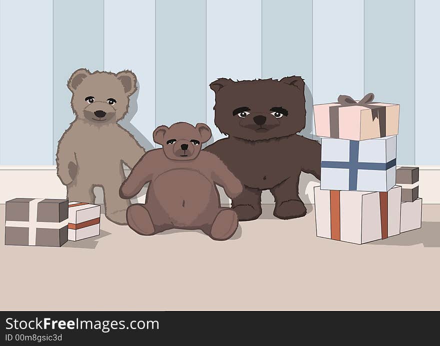 Cute Teddy Bears with presents, includes a legacy EPS file as well as high res JPEG. Cute Teddy Bears with presents, includes a legacy EPS file as well as high res JPEG.