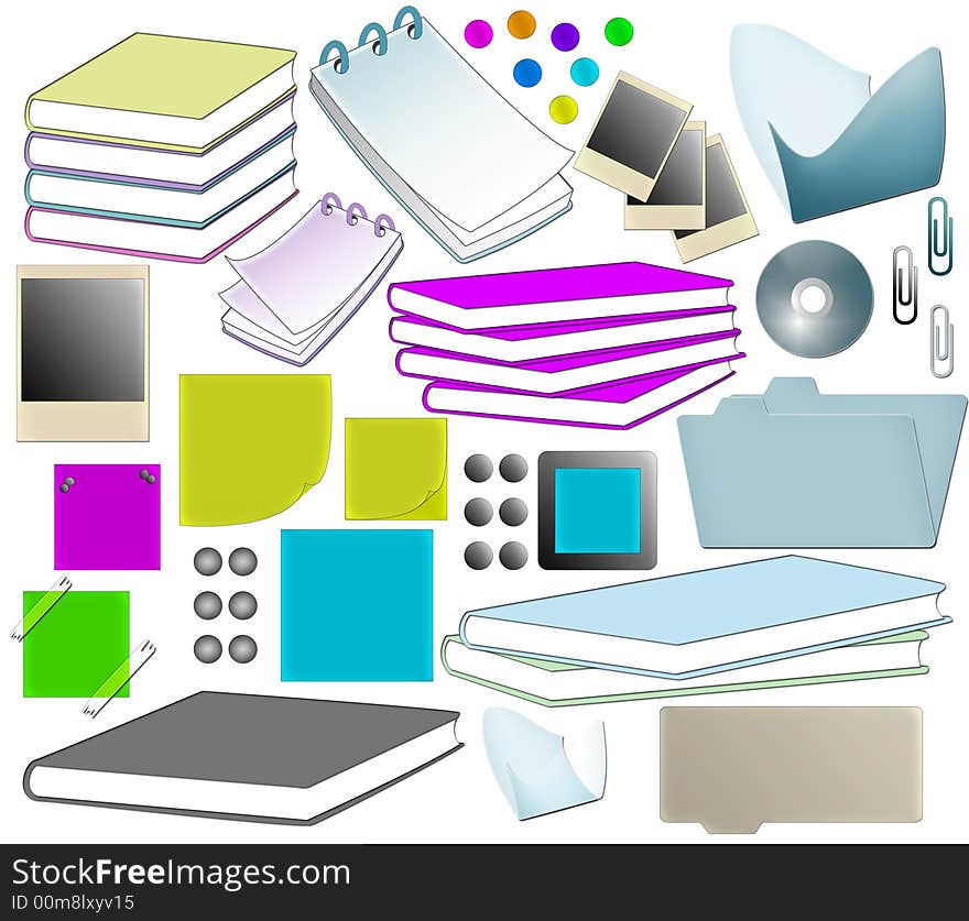 Illustration of easy to isolate on white objects need in the office and for a student like books, pins, memos, cd. Illustration of easy to isolate on white objects need in the office and for a student like books, pins, memos, cd