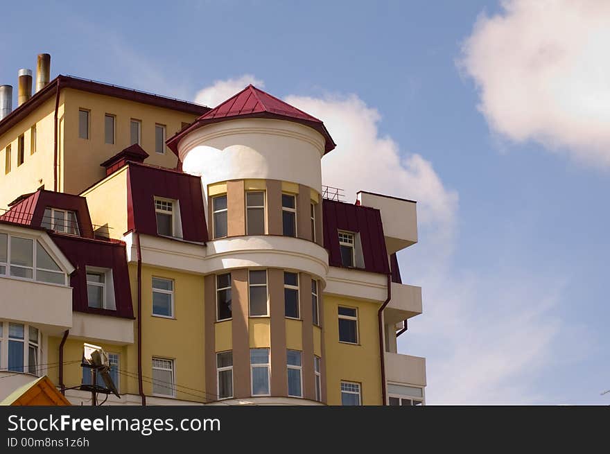 Bottom-up view on the elevation of building in the center of Ekaterinburg city