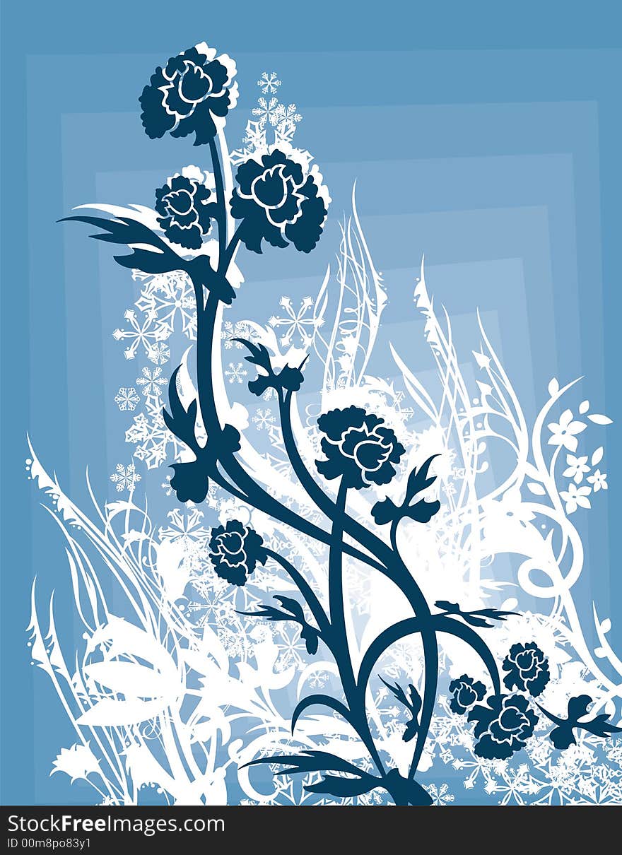 Abstract winter grunge background with floral ornamental details and snowflakes,  illustration series. Abstract winter grunge background with floral ornamental details and snowflakes,  illustration series.