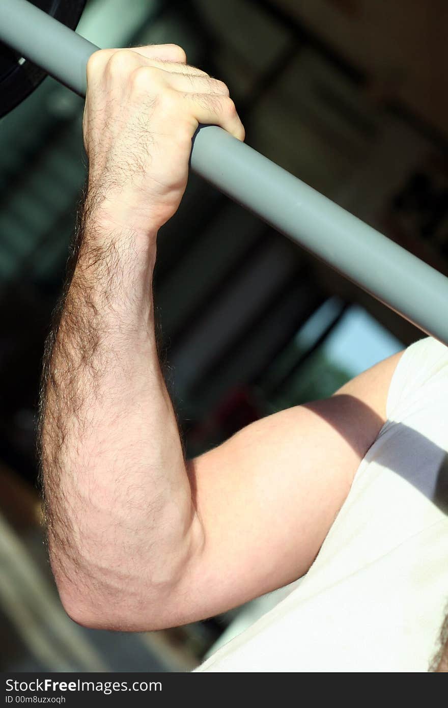 One hand held close a Yoke / Biceps in contraction / Exercises in the gym / Blur Dark Background. One hand held close a Yoke / Biceps in contraction / Exercises in the gym / Blur Dark Background