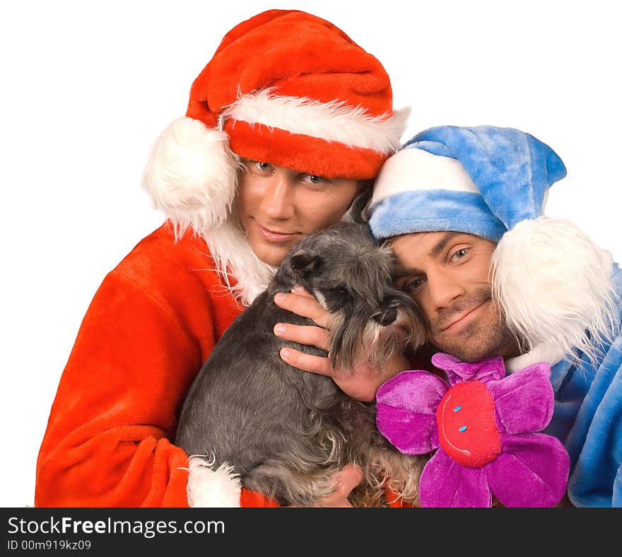 Two men in suits Santa Claus with a dog on white background. Two men in suits Santa Claus with a dog on white background