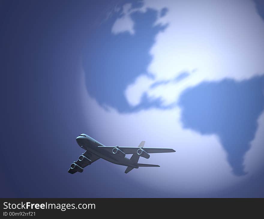 Conceptual airplane scene with Earth globe in background - 3d render. Conceptual airplane scene with Earth globe in background - 3d render