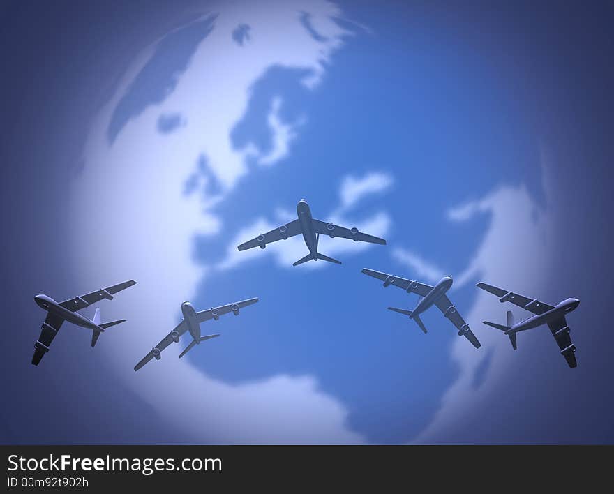 Conceptual five airplane scene with Earth globe in background - 3d render. Conceptual five airplane scene with Earth globe in background - 3d render