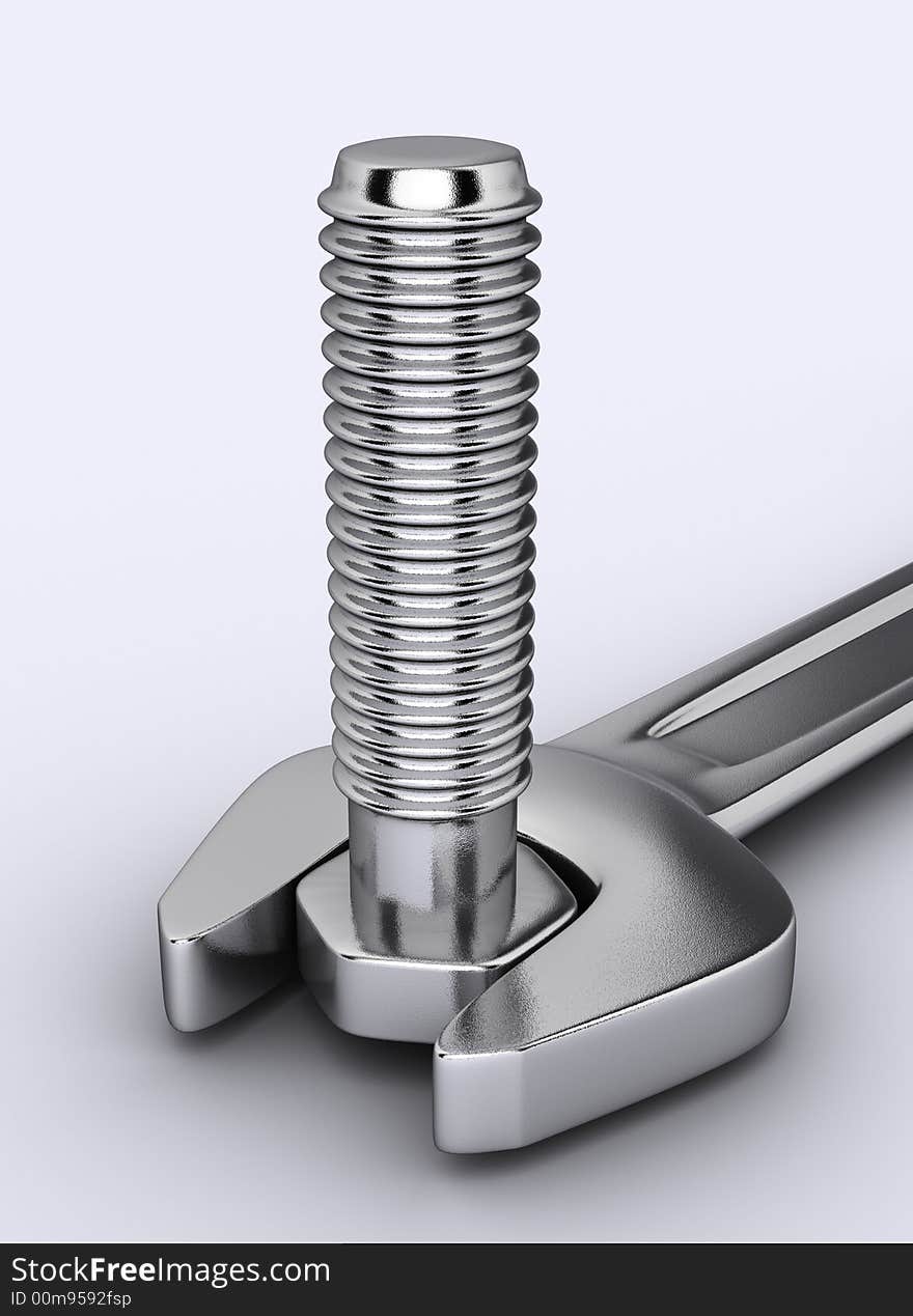 A wrench and a bolt on white background - 3d render. A wrench and a bolt on white background - 3d render