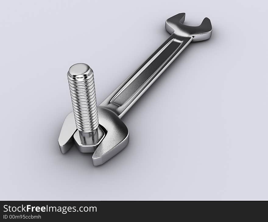 A Wrench and a bolt on white background - 3d render. A Wrench and a bolt on white background - 3d render