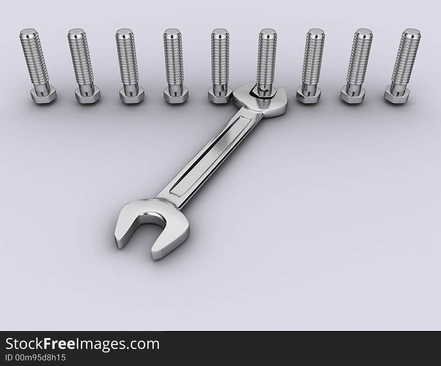 A wrench and nine bolt on white background - 3d render. A wrench and nine bolt on white background - 3d render