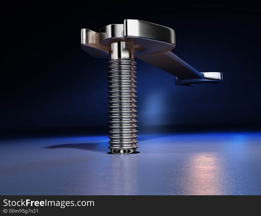 A wrench and a bolt on black background - 3d render. A wrench and a bolt on black background - 3d render