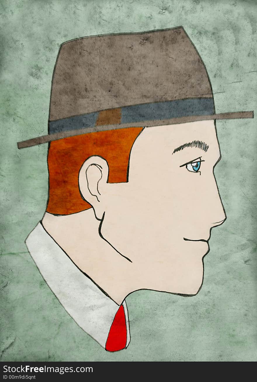 Close up of head of business man with red hair, hat, and red tie. Close up of head of business man with red hair, hat, and red tie