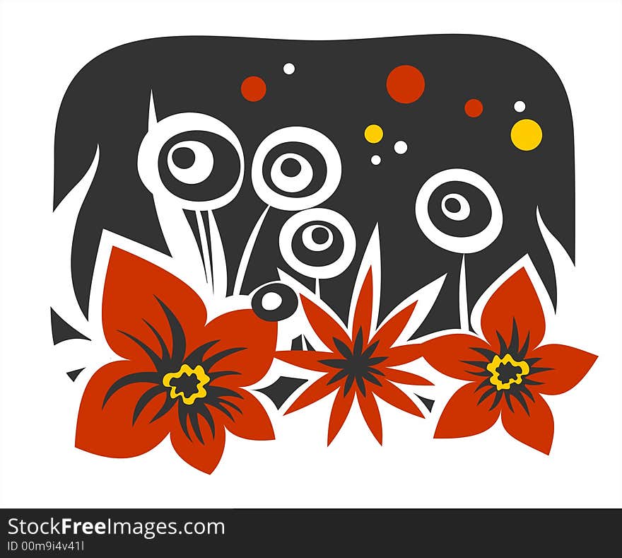 The red and white stylized flowers on a black night background. The red and white stylized flowers on a black night background.