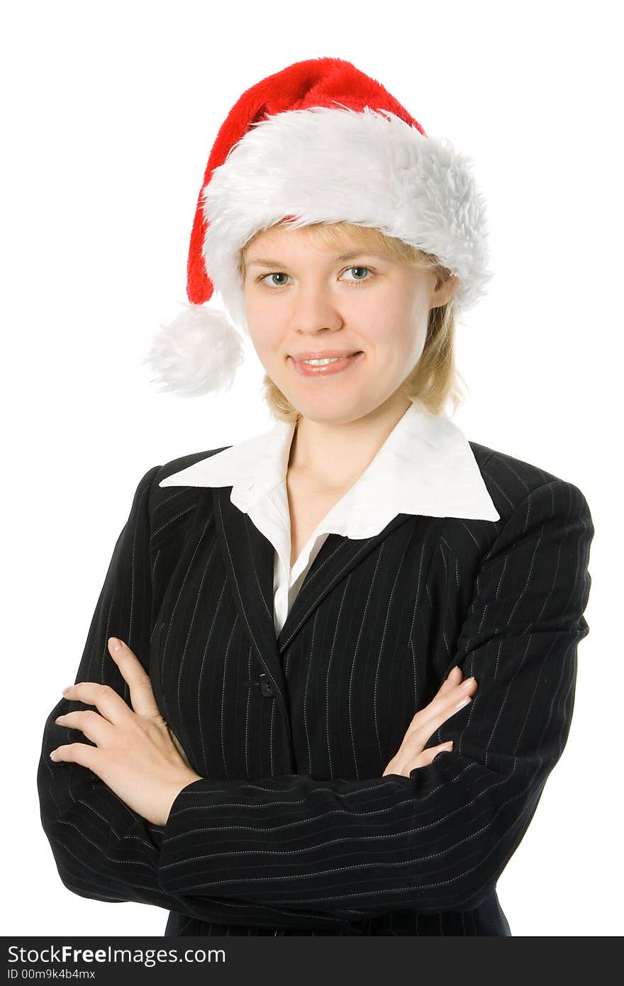 Yaoung business woman in red santa hat over white background. Yaoung business woman in red santa hat over white background