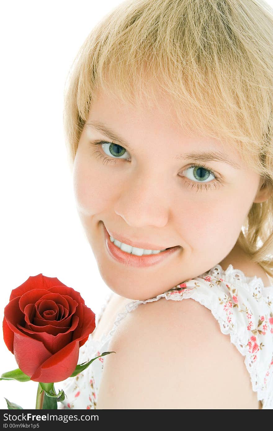 Beauty close-up yaoung woman face with rose flower over white background. Beauty close-up yaoung woman face with rose flower over white background