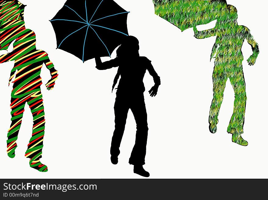 Girls running with umbrella, different colors, illustration. Girls running with umbrella, different colors, illustration