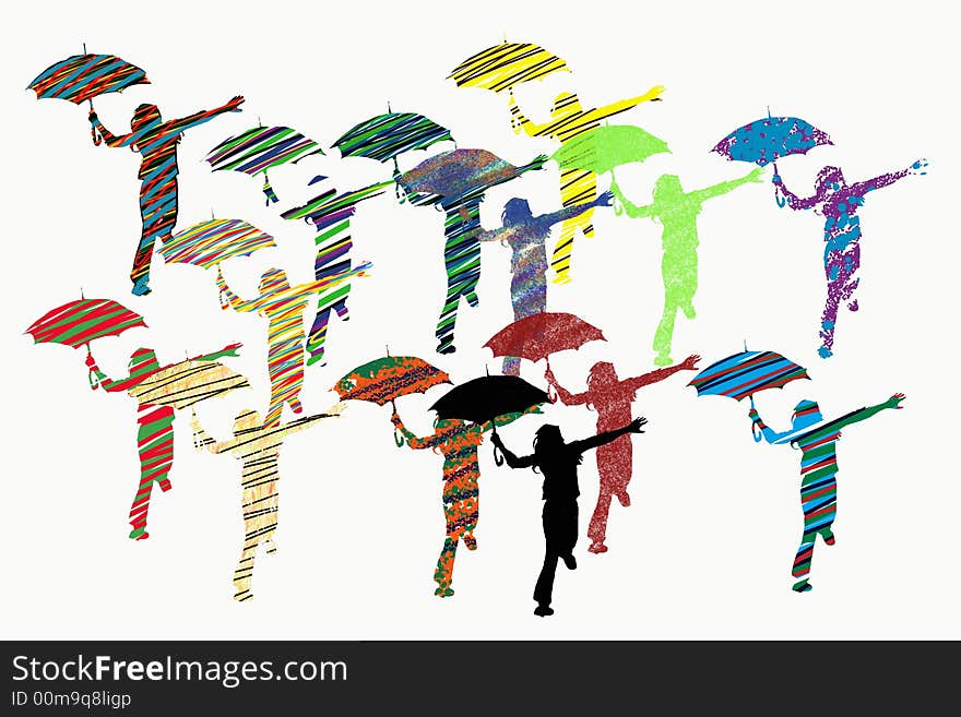 Girls running with umbrella, different colors, illustration. Girls running with umbrella, different colors, illustration