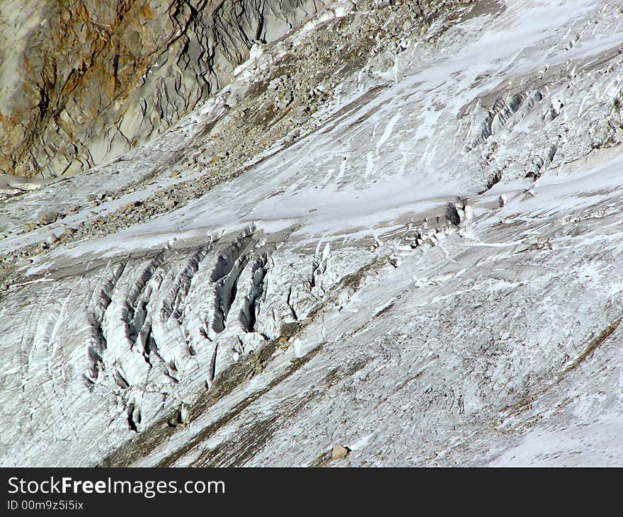 Glacier in East Aps (Hohen Tauern, Austria). Most of the glacier is not cowered with snow and the craks are visible. Glacier in East Aps (Hohen Tauern, Austria). Most of the glacier is not cowered with snow and the craks are visible.