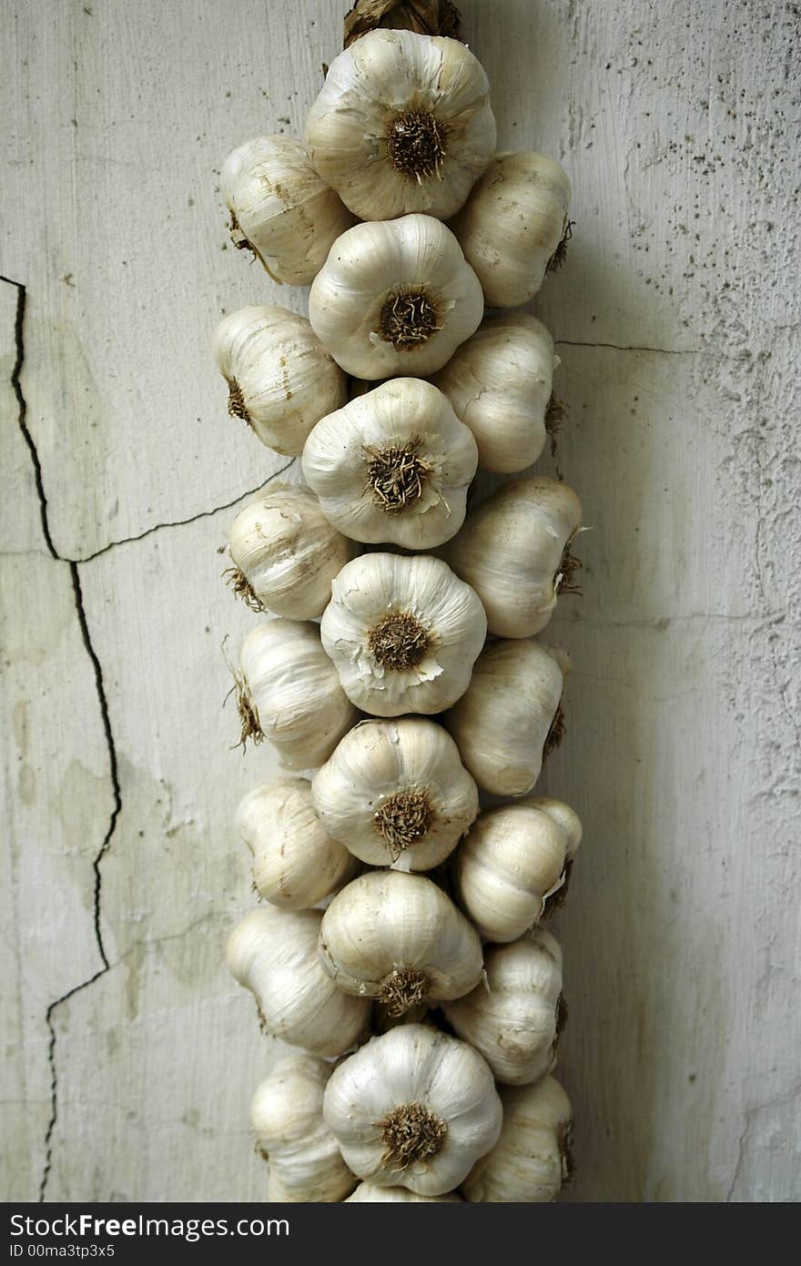 Garlic hanging on an old village wall