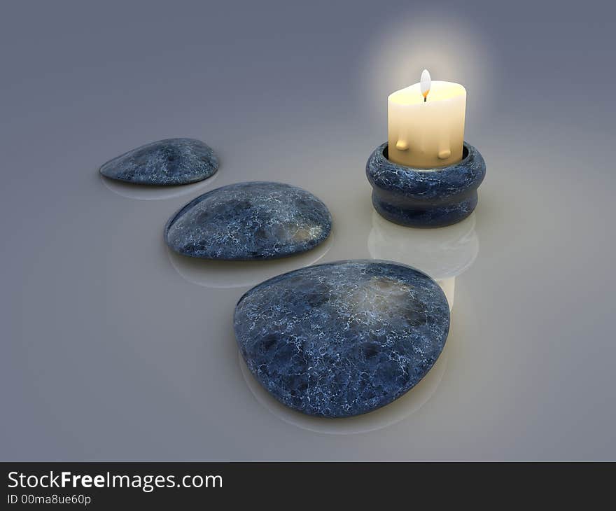 A light candle and three stones -renderend in 3d. A light candle and three stones -renderend in 3d