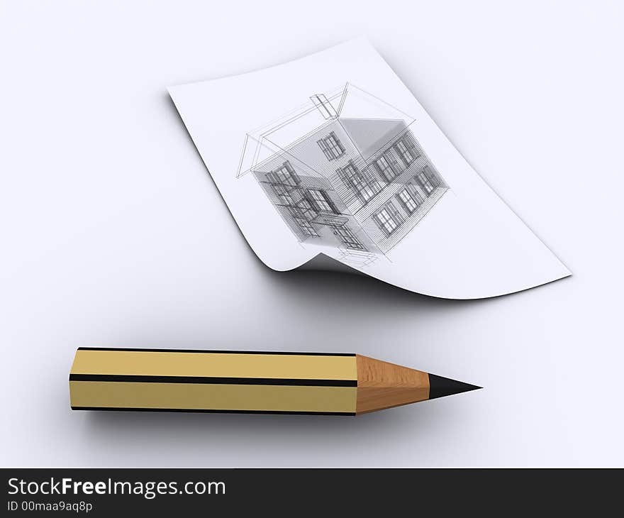 A pencil and a plane of house on paper - 3d render