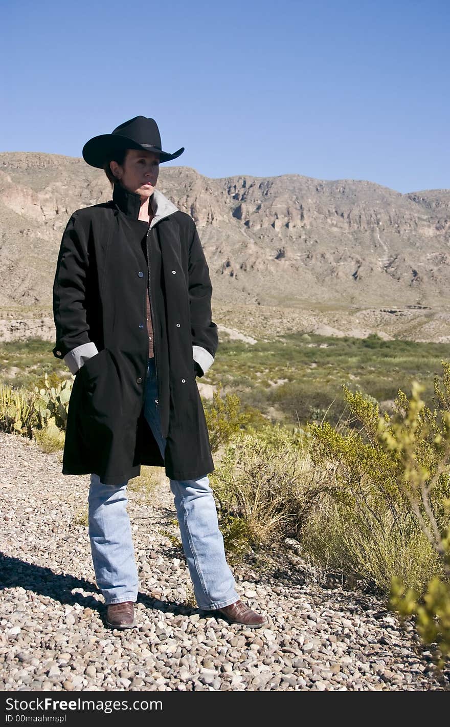 A woman dressed in western attire, surveying the harsh environment surrounding her. A woman dressed in western attire, surveying the harsh environment surrounding her.