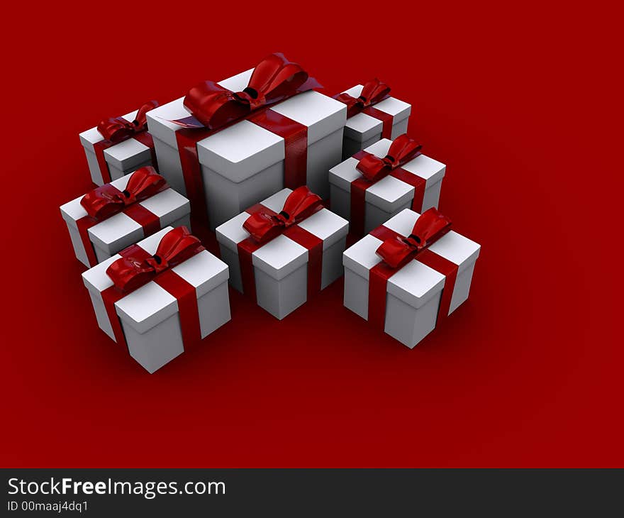 A lot of presents box wit bow - 3d render. A lot of presents box wit bow - 3d render