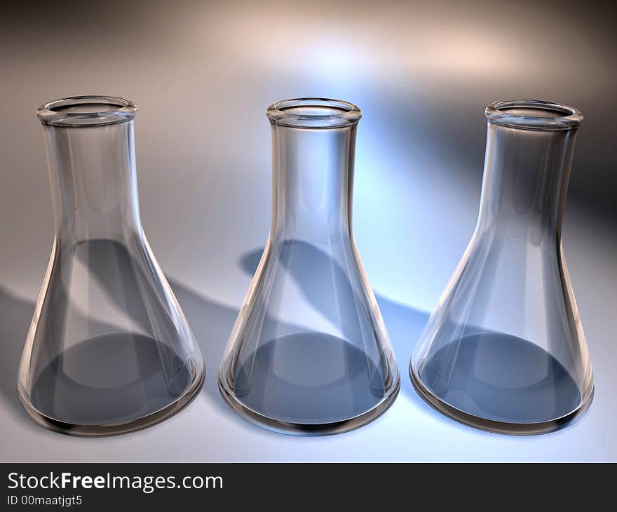 Three empty chemistry flask on color background - 3d render. Three empty chemistry flask on color background - 3d render