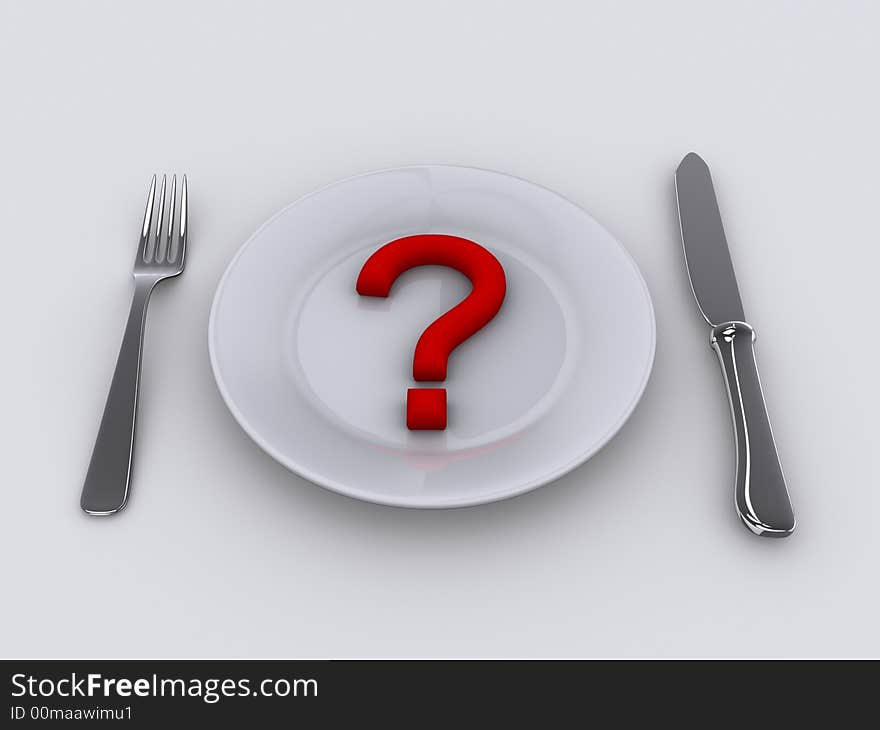 A Dinner plate with ask sign, knife and fork - rendered in 3d. A Dinner plate with ask sign, knife and fork - rendered in 3d