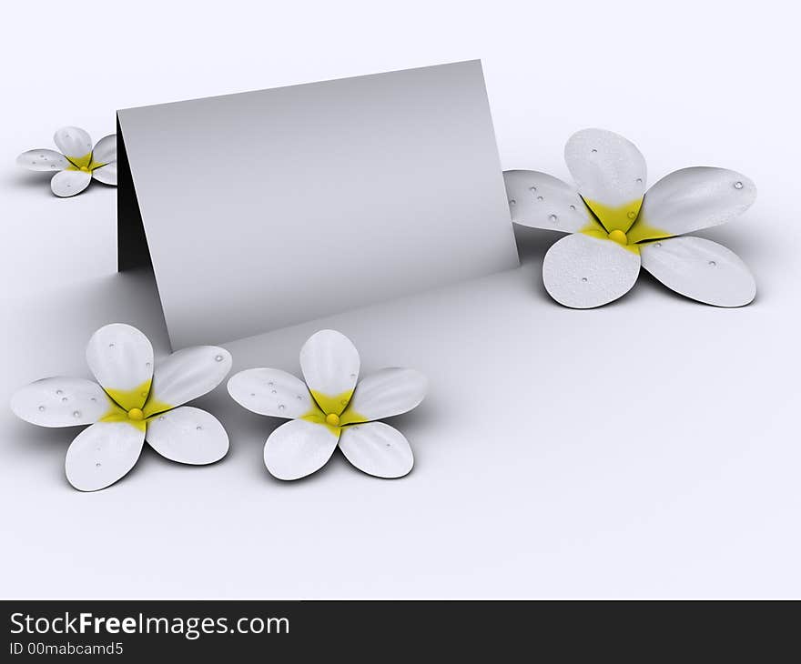 White flowers and blank paper on white background rendered in 3d. White flowers and blank paper on white background rendered in 3d