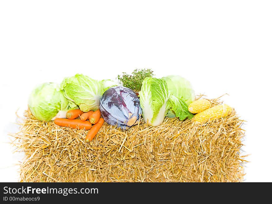 Vegetables for thanksgiving on a bale of straw corn carrots. Vegetables for thanksgiving on a bale of straw corn carrots