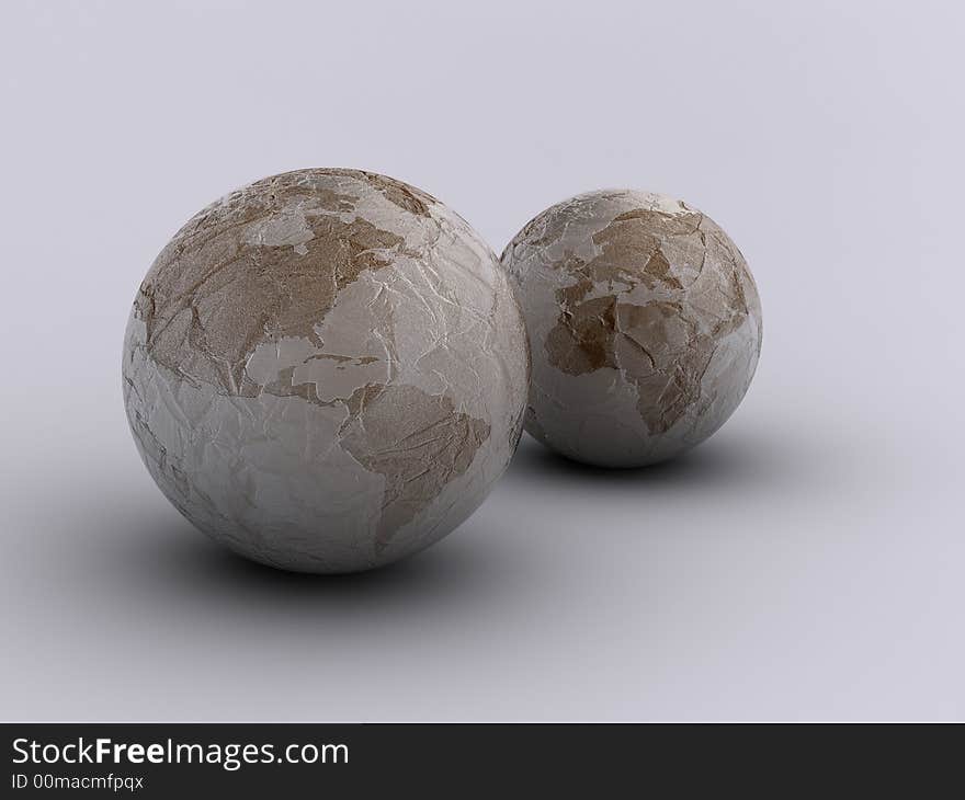 Conceptual maped with continents Earth planets, paper texture - 3d render