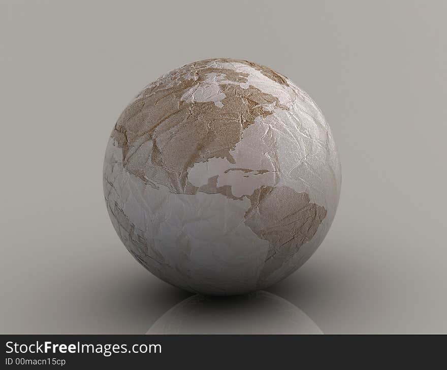 Conceptual maped with continents Earth planet - rumpled paper texture - 3d render