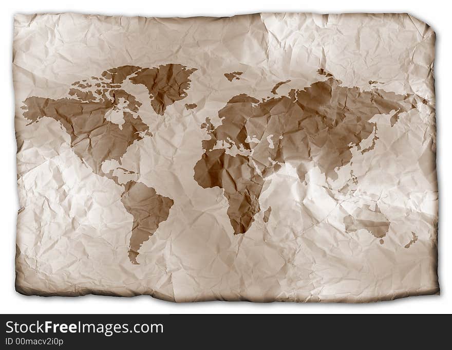 Conceptual Earth map on aged rumpled paper. Conceptual Earth map on aged rumpled paper