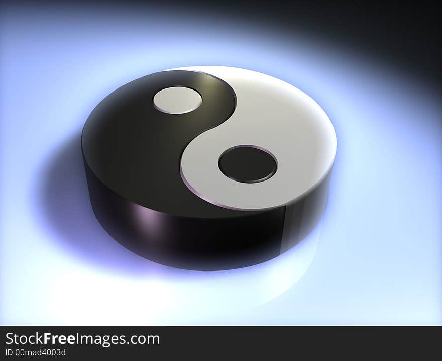 Conceptual Yin Yang cubic simbol on glowing blue background - 3d render