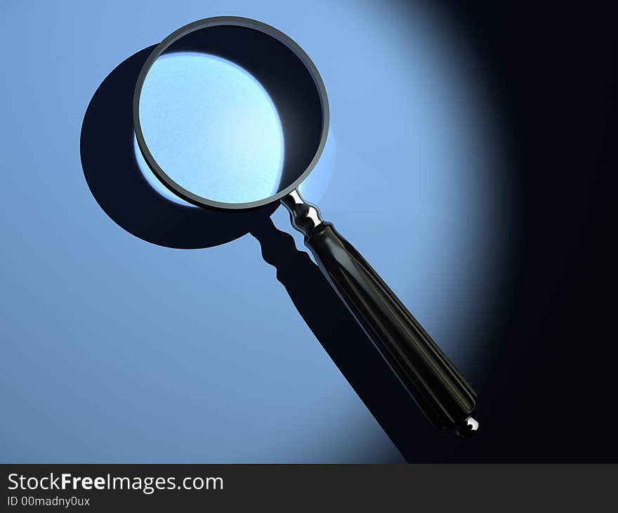 Conceptual magnifying glass on a spot light - 3d render. Conceptual magnifying glass on a spot light - 3d render