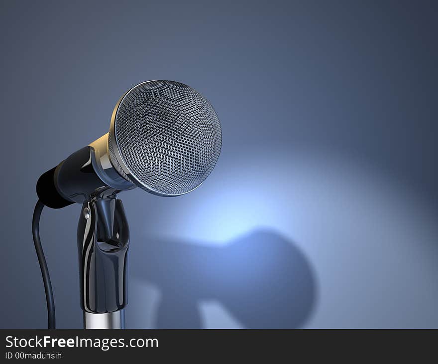 A chromed microphone on blue background - 3d render. A chromed microphone on blue background - 3d render