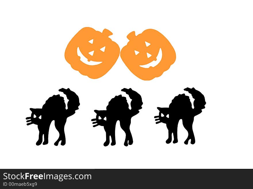 Illustration for halloween - tree cats and two pumpkin isolated in white