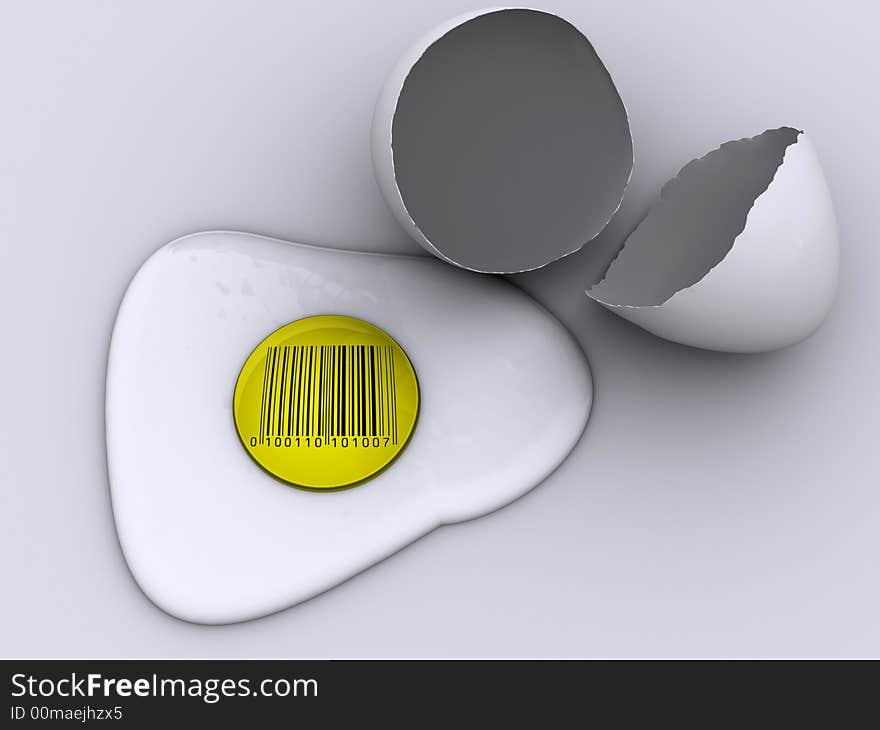 Conceptual barcode on hard-boiled egg and cracked shell - 3d render. Conceptual barcode on hard-boiled egg and cracked shell - 3d render