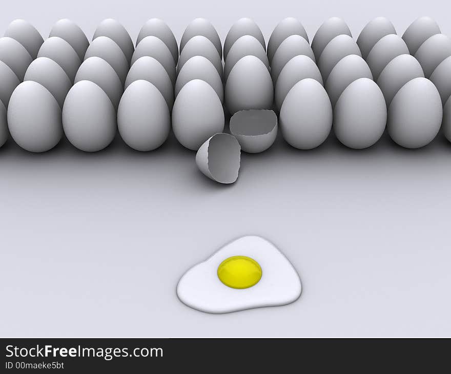 A lot of eggs shell and a cooked one - rendered in 3d. A lot of eggs shell and a cooked one - rendered in 3d