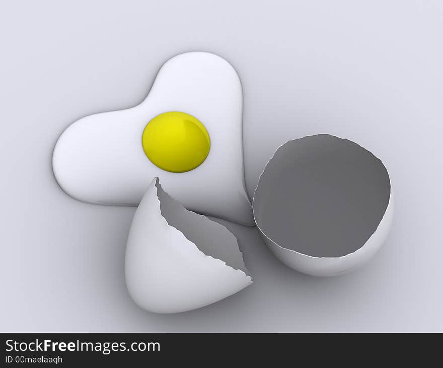 A heart shaped egg and broken shell - rendered in 3d. A heart shaped egg and broken shell - rendered in 3d