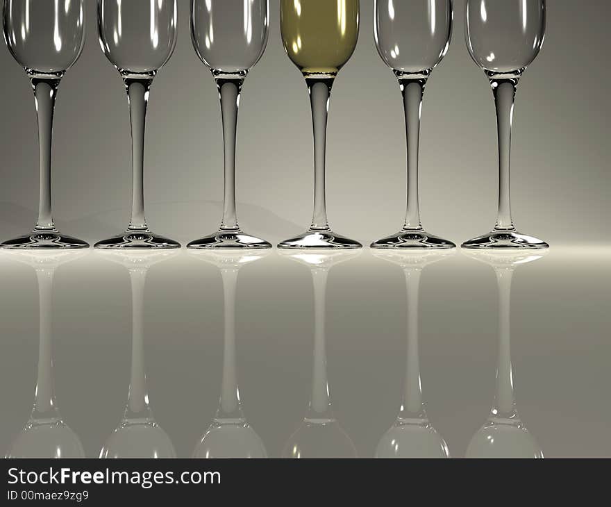 Five empty champagne glasses and a filled one - 3d render