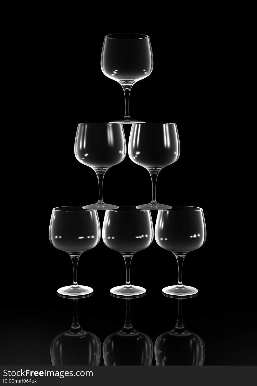 A conceptual stack of six brandy glasses - rendered in 3d. A conceptual stack of six brandy glasses - rendered in 3d