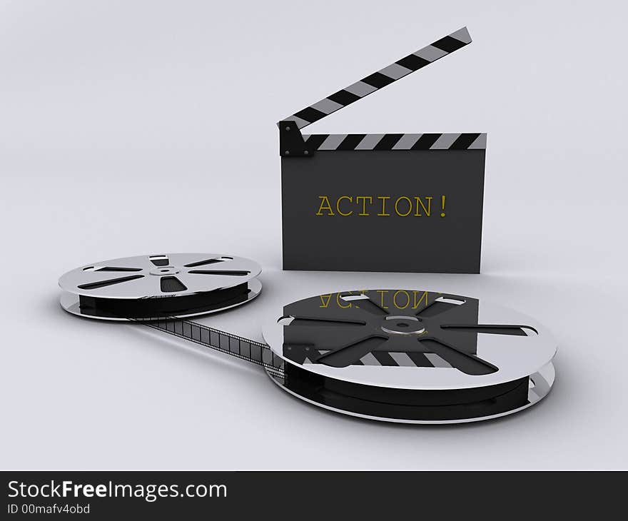 Conceptual strip film, reel and clapperboard - 3d render. Conceptual strip film, reel and clapperboard - 3d render