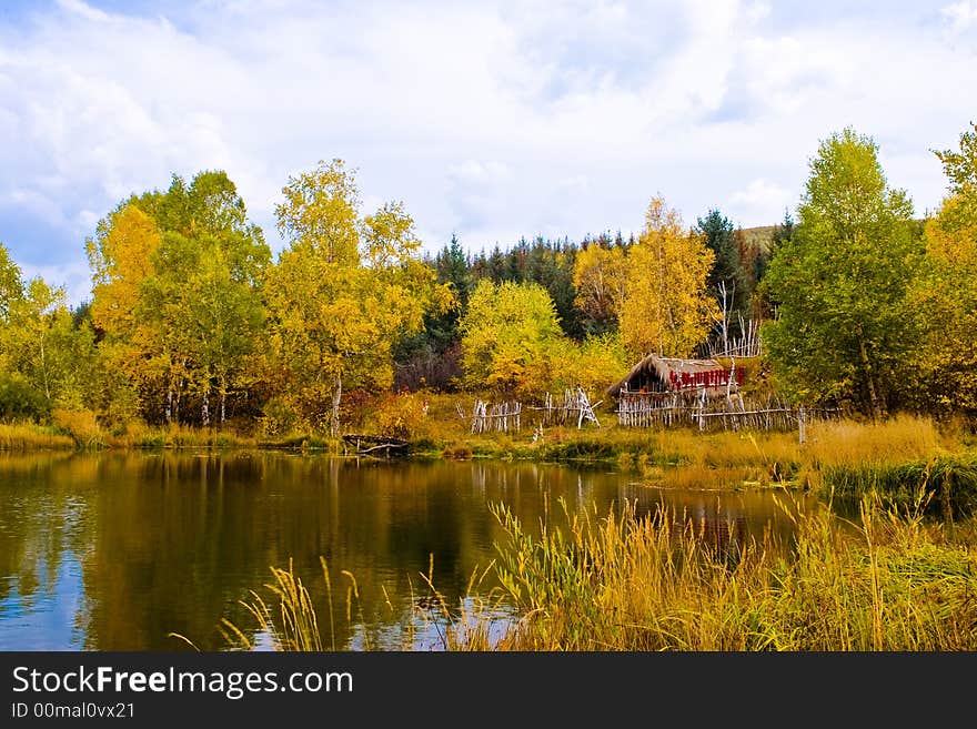 Autumn,Mongolia lake and house