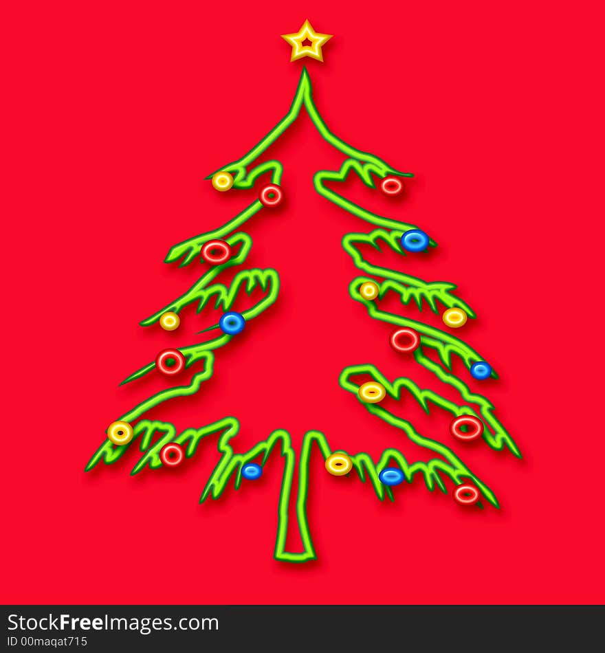 Tubular Christmas tree with ornaments on a red background. Tubular Christmas tree with ornaments on a red background.