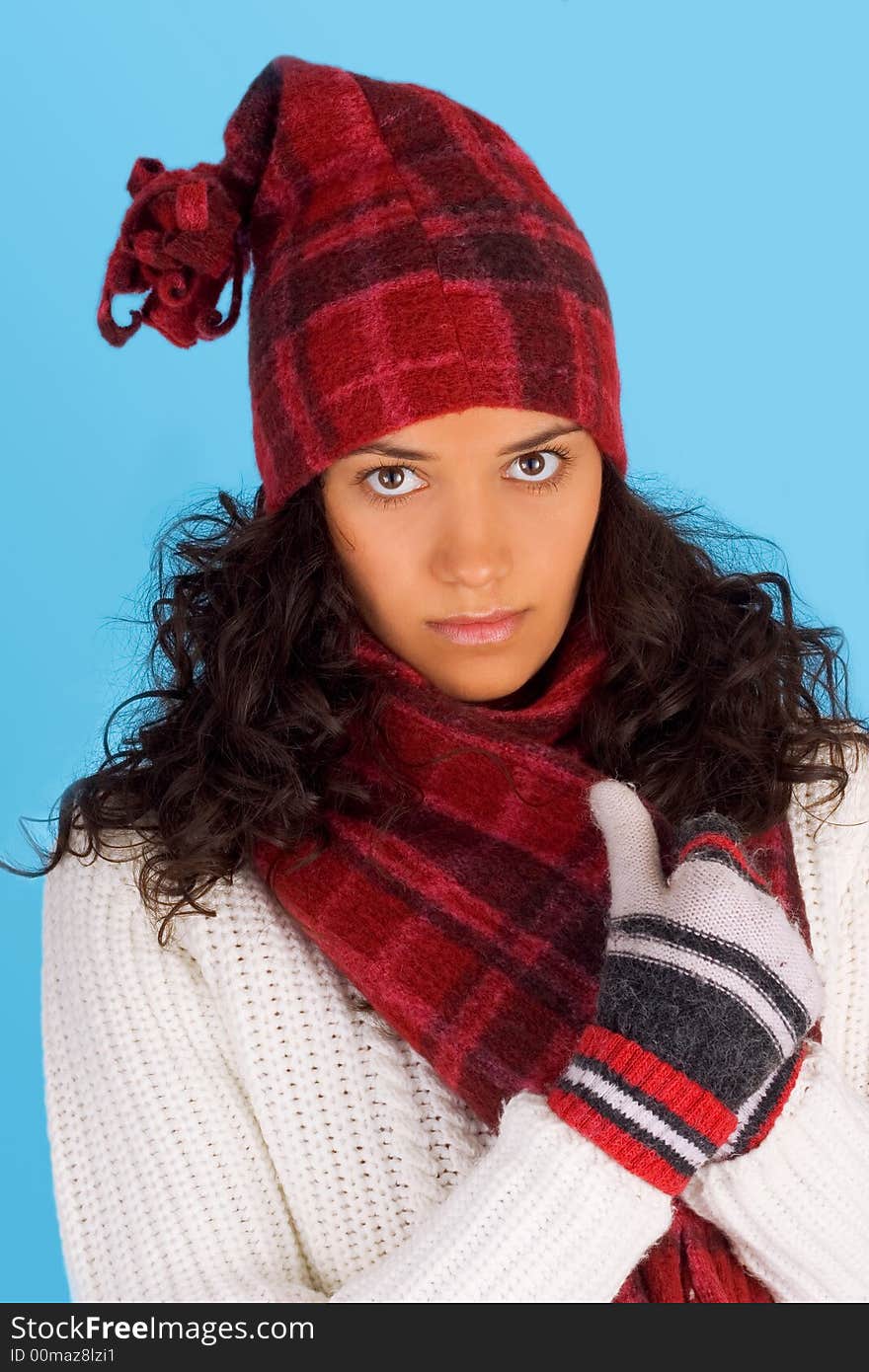 Winter girl isolated on blue background