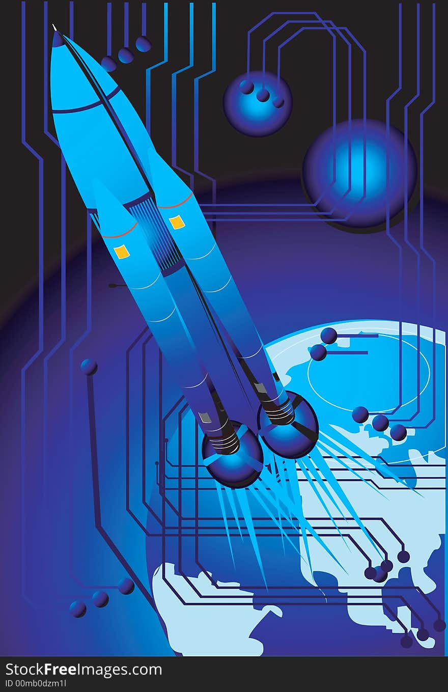 Illustration of Blue rocket on a blue background