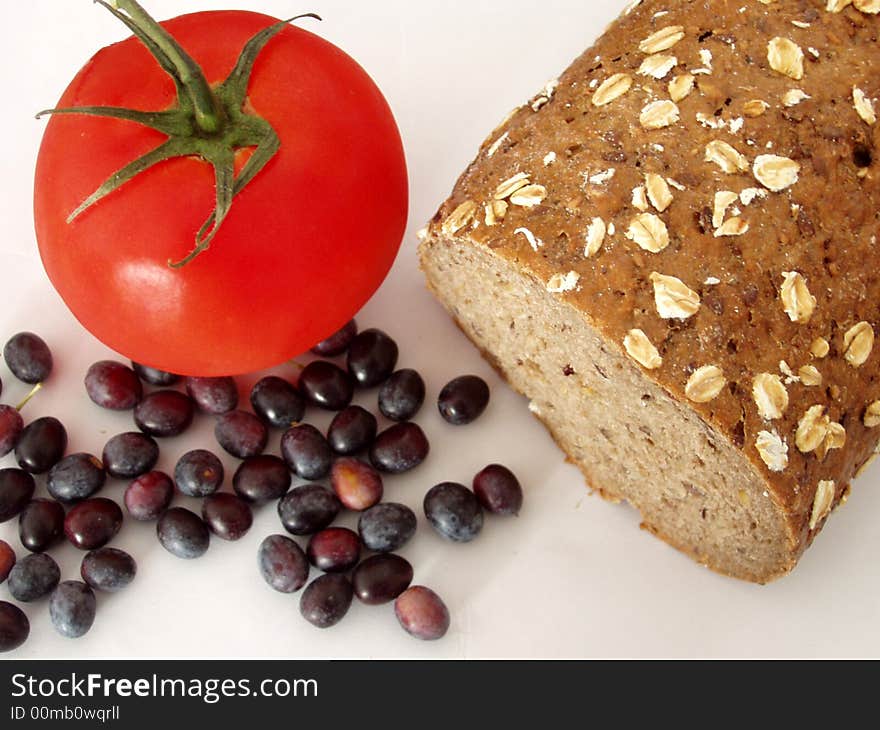 Fresh bread, tomato and olives. Fresh bread, tomato and olives