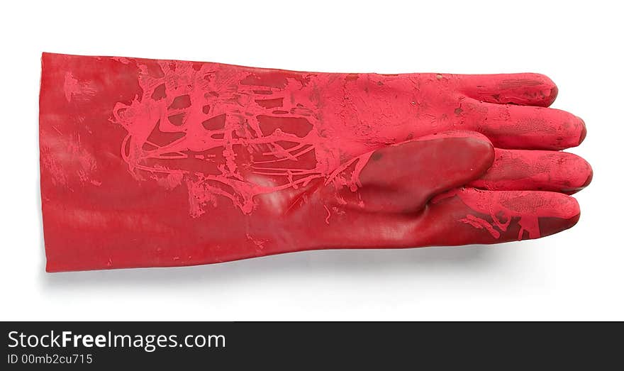 Red leather gauntlets on white