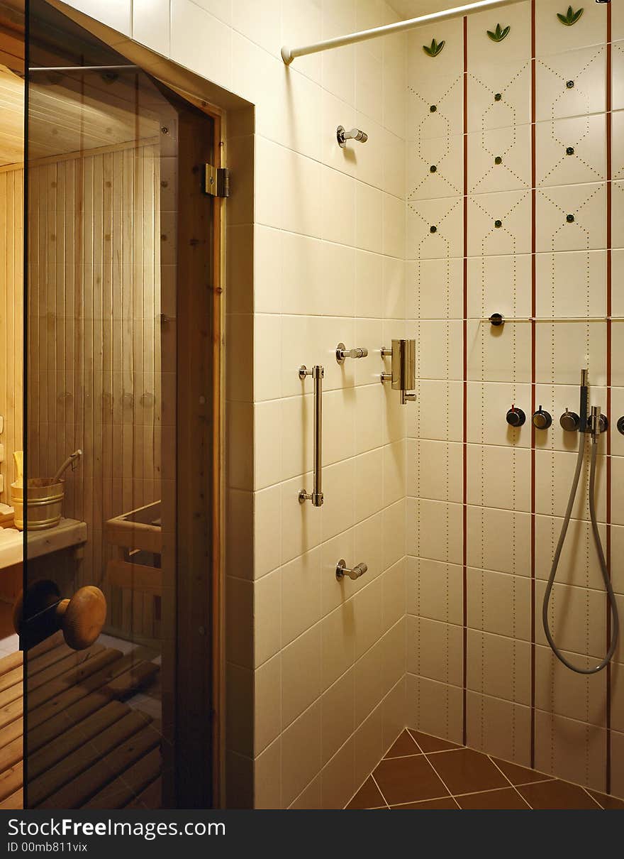 Bathroom with shower and sauna